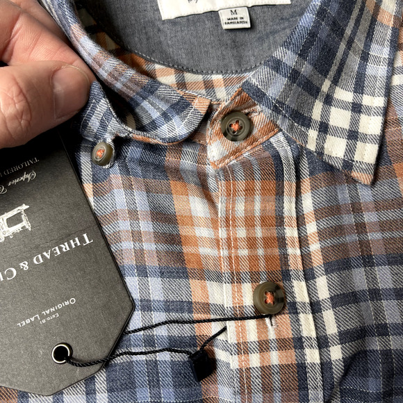 Thread & Cloth Button Down Shirt Mens M Twill Orange Blue Plaid Long Sleeve - Picture 11 of 12